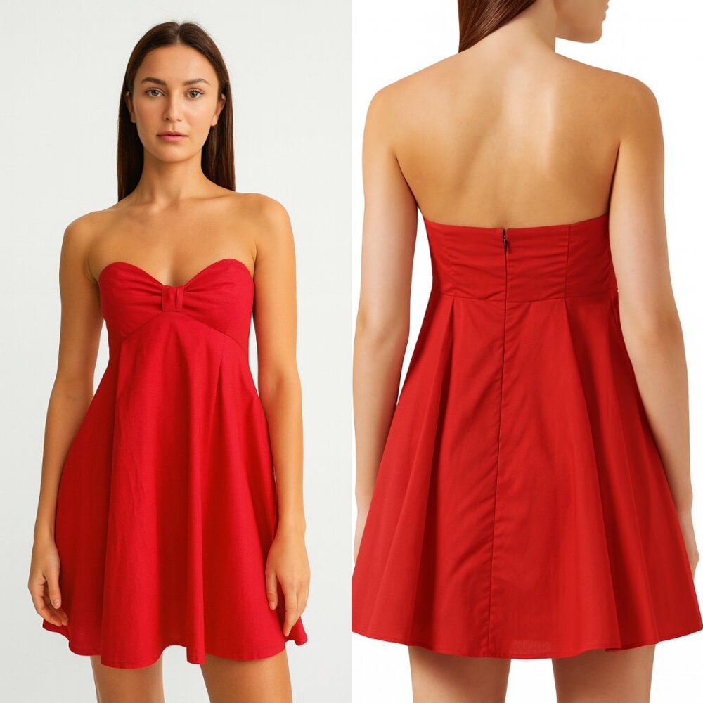 Bird & Knoll Red Follow Rico Sweetheart Mini Dress in Cotton-poplin NWT Size M